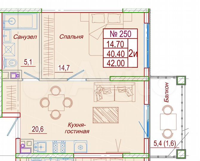1-к. квартира, 42 м², 1/6 эт.