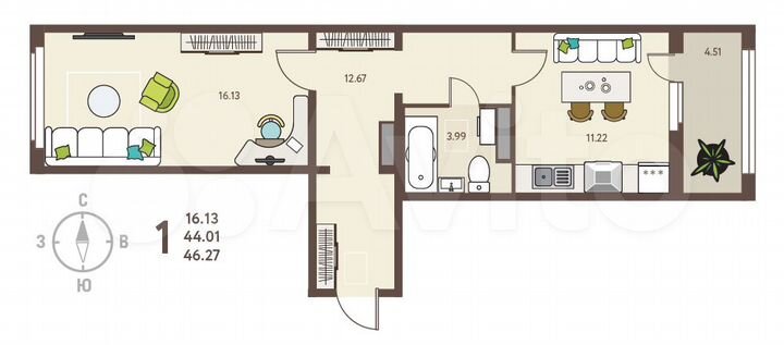 1-к. квартира, 46,3 м², 17/18 эт.