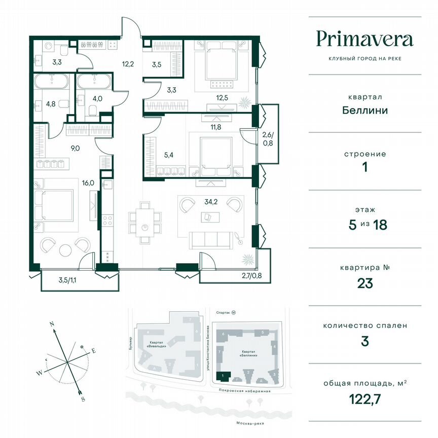 3-к. квартира, 122,7 м², 5/18 эт.
