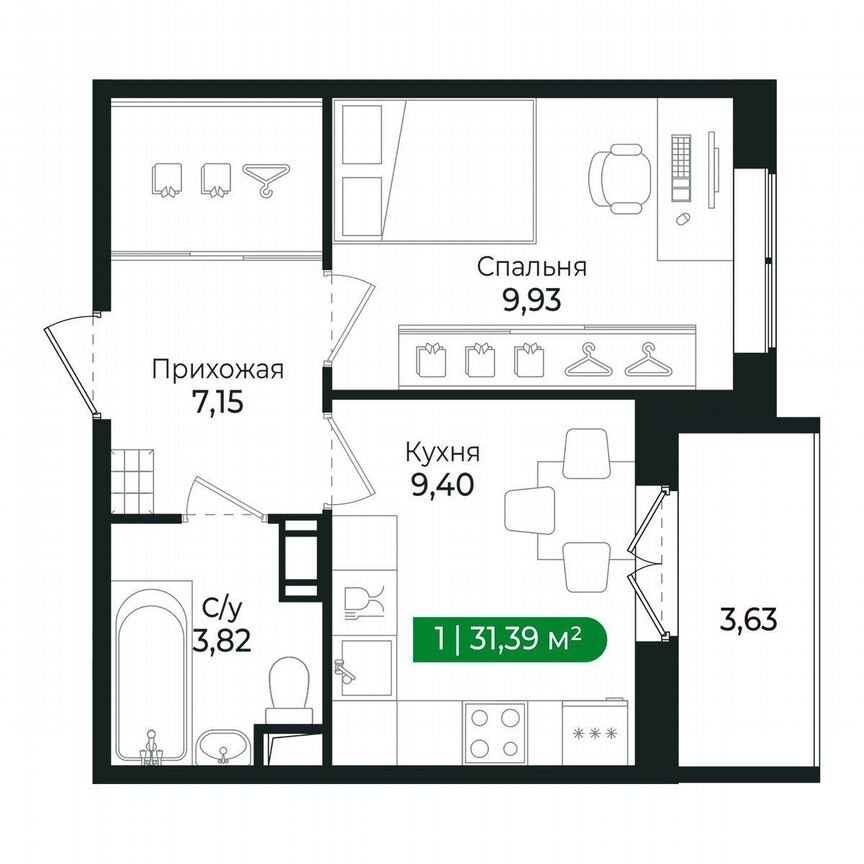 1-к. квартира, 31,4 м², 5/8 эт.