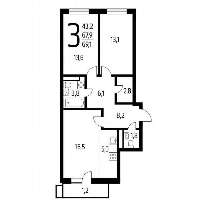 3-к. квартира, 69,1 м², 3/9 эт.