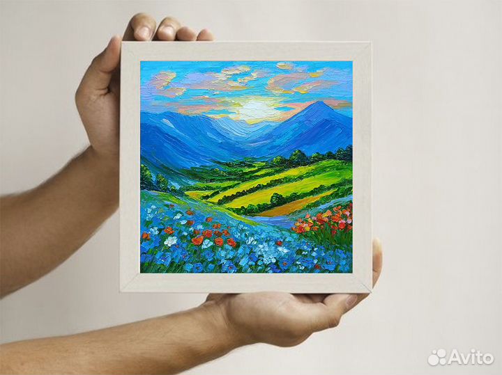 Картина маслом пейзаж, горы, цветы, холст 20х20см