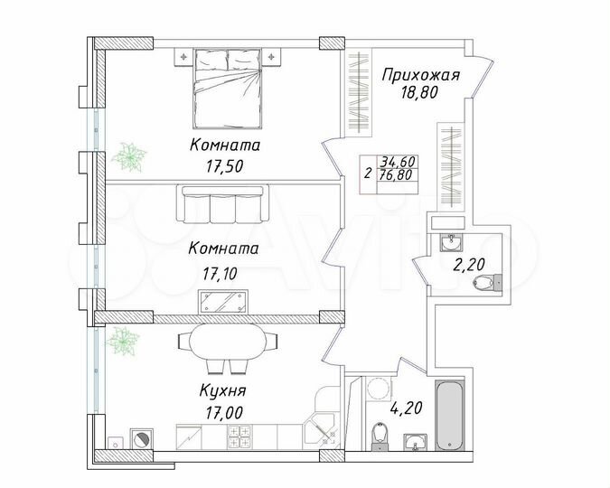 2-к. квартира, 76,8 м², 5/8 эт.