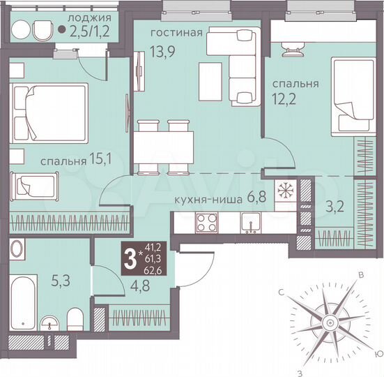 3-к. квартира, 62,6 м², 3/16 эт.