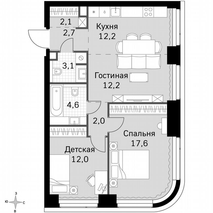 2-к. квартира, 68,5 м², 3/49 эт.