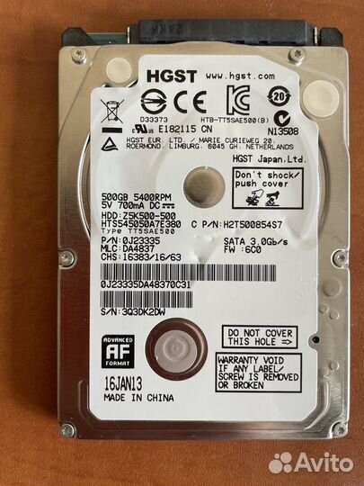 Жесткий диск HDD SATA 2,5' hgst 500gb