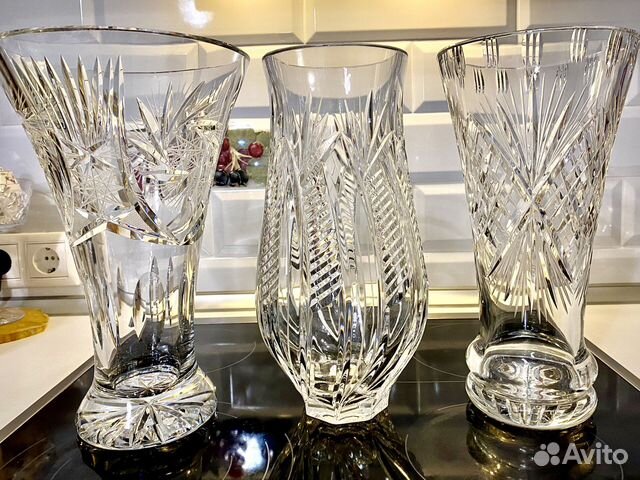 3 хрустальные вазы h 32 см Чехословакия и Германия