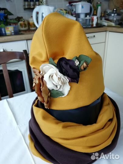 Комплент шапка+снуд(горчичный с бордо) шерсть,цвет