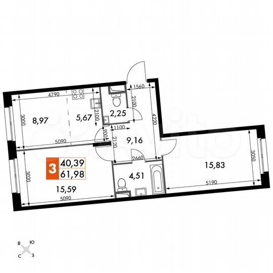 3-к. апартаменты, 62 м², 3/15 эт.