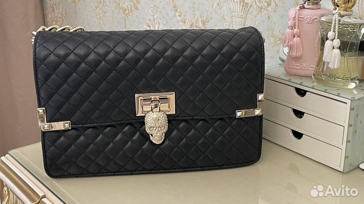 Сумка philipp plein стеганная черная с черепом