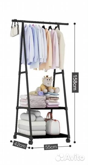 Вешалка напольная с полками на колёсиках черная
