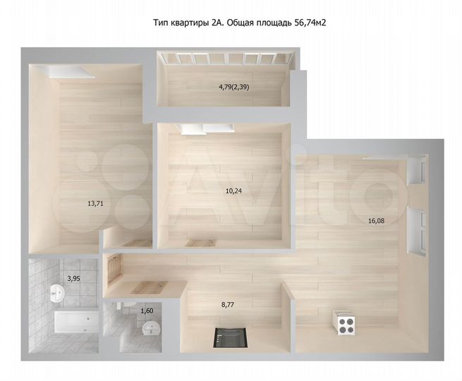 2-к. квартира, 59,1 м², 2/17 эт.