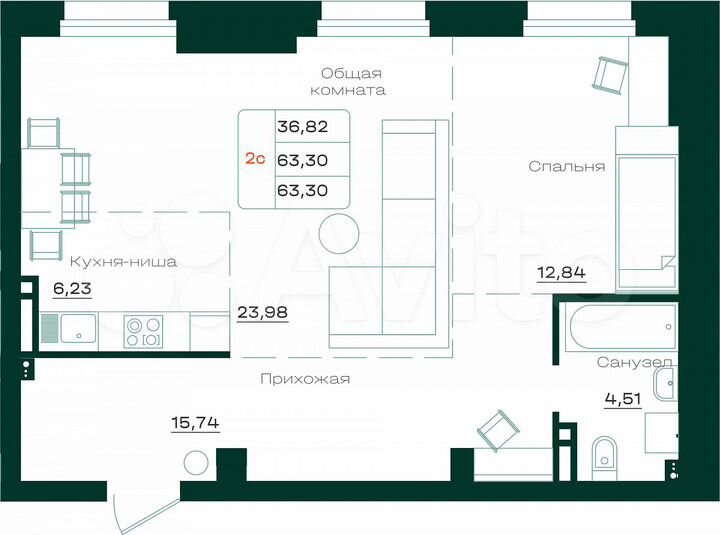 2-к. квартира, 63,3 м², 2/18 эт.