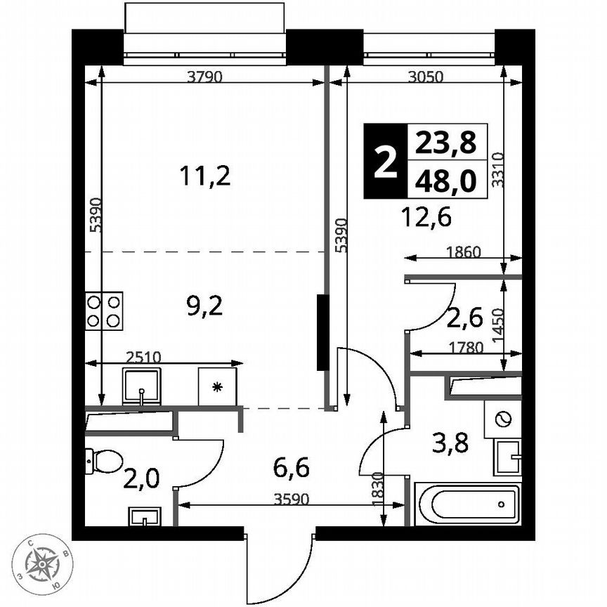 1-к. квартира, 48 м², 3/21 эт.