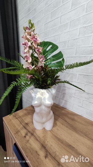 Сухоцветы в вазе, зелень в гипс кашпо для декора