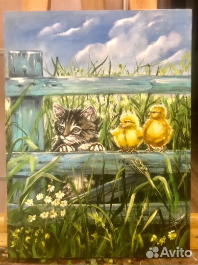 Картина маслом цыплята котенок