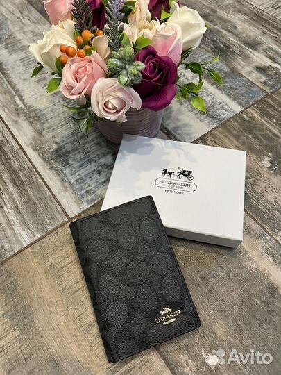 Обложка на паспорт Coach черная кожа и канва