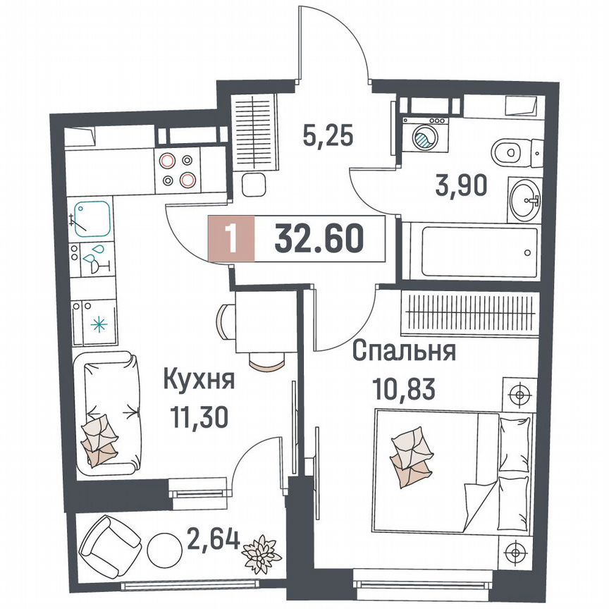 1-к. квартира, 32,6 м², 13/18 эт.