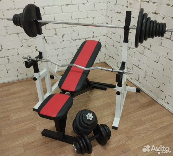 Скамья для жима, стойки для жима, штанга, гантели