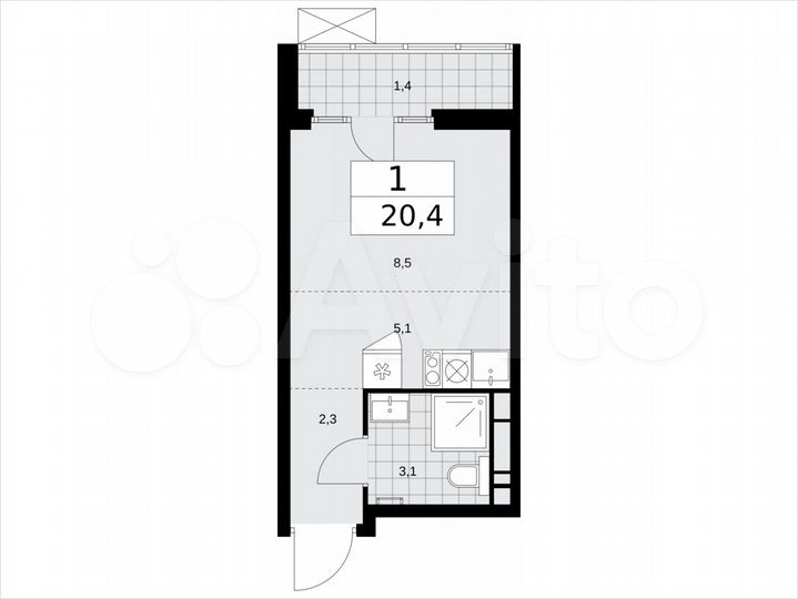 Квартира-студия, 20,4 м², 15/16 эт.