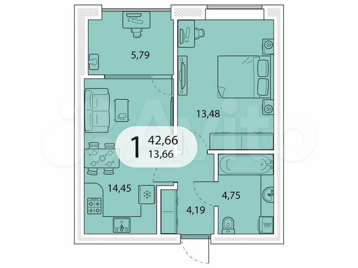 1-к. квартира, 42,7 м², 4/5 эт.