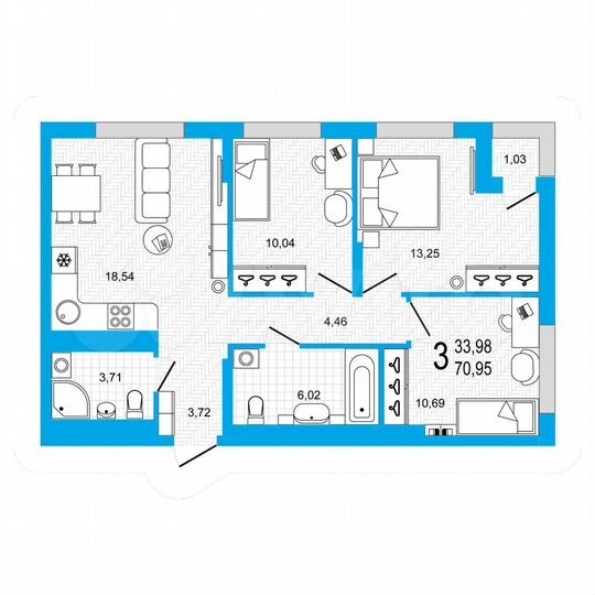 3-к. квартира, 71 м², 9/22 эт.