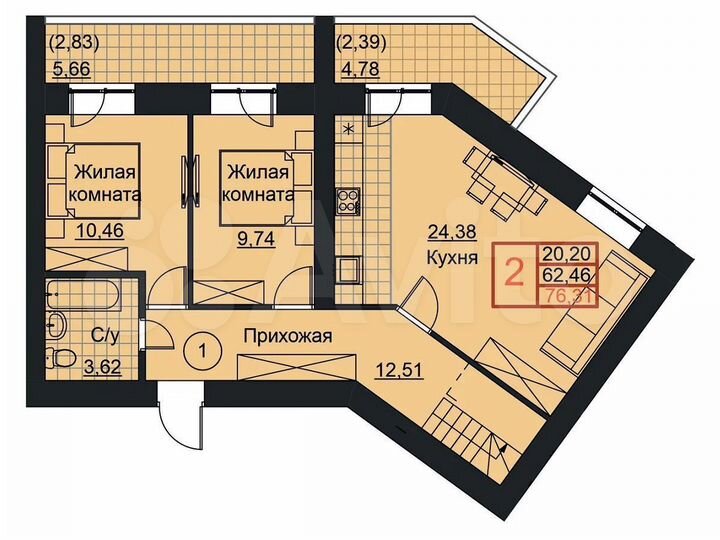 2-к. квартира, 76,3 м², 20/20 эт.