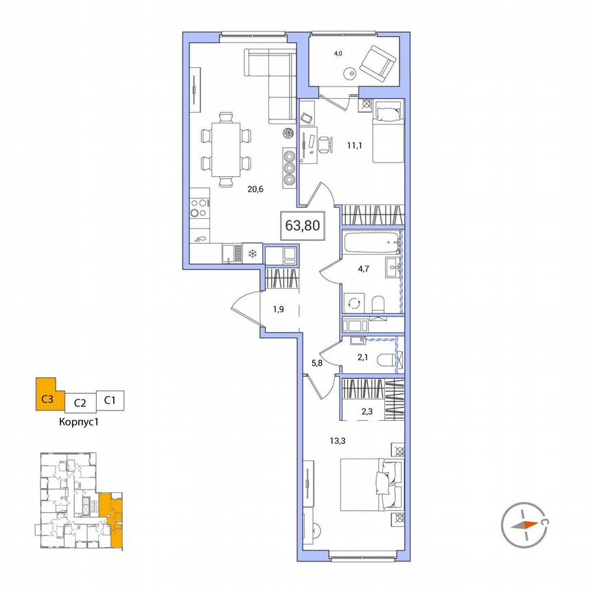 2-к. квартира, 63,8 м², 10/12 эт.