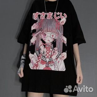 Футболка черная оверсайз с аниме принтом