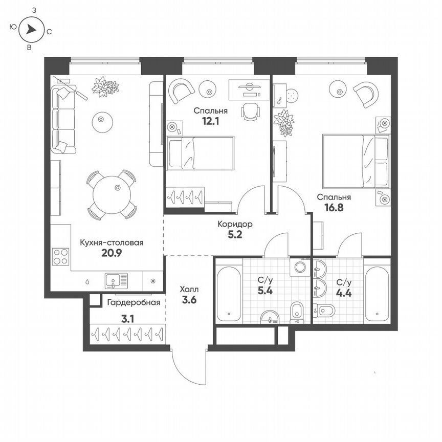 2-к. квартира, 71,5 м², 3/16 эт.