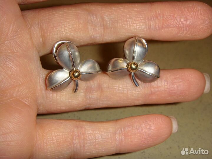 Bill Blass серьги клевер серебро золото оригинал