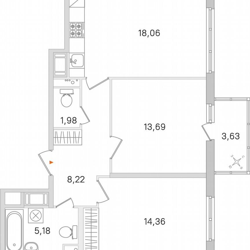 2-к. квартира, 62,6 м², 4/8 эт.