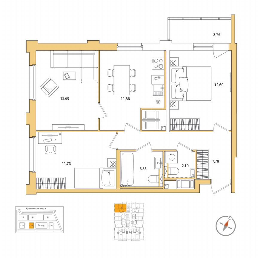 3-к. квартира, 64,6 м², 19/25 эт.