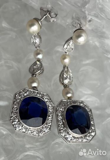 Платиновые серьги С сапфиром,бриллианты, жемчуг