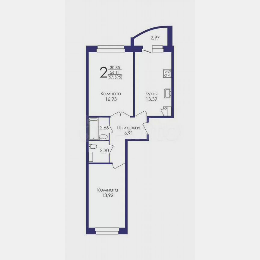 2-к. квартира, 57,5 м², 4/9 эт.