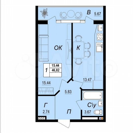 1-к. квартира, 46,8 м², 10/10 эт.