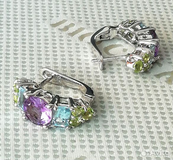 Серьги серебро аметист, топаз, перидот С406