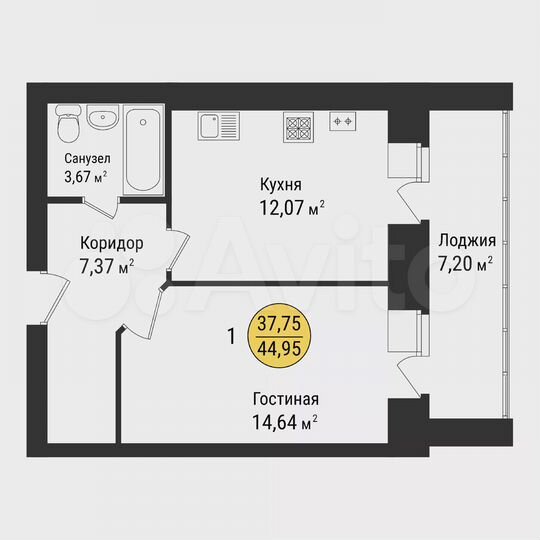 1-к. квартира, 45 м², 4/9 эт.