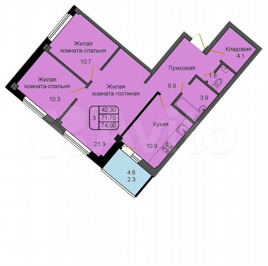 3-к. квартира, 74 м², 2/9 эт.