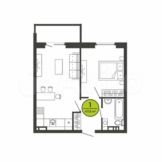 1-к. квартира, 47,6 м², 6/9 эт.