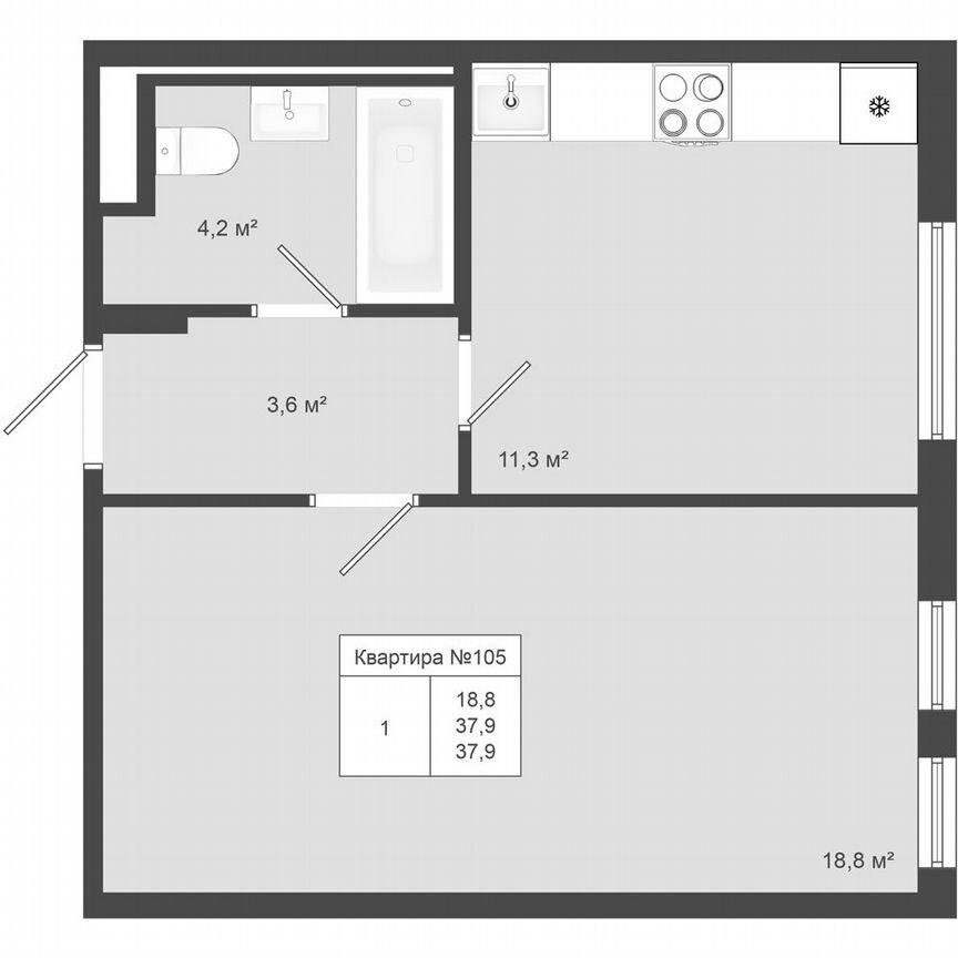 1-к. квартира, 37,9 м², 3/4 эт.