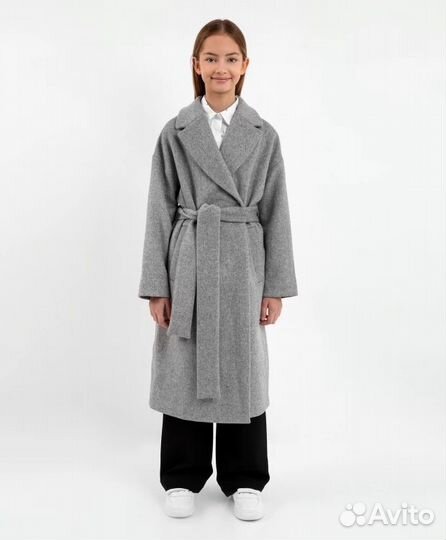 Пальто из сукна с широким поясом серое Gulliver