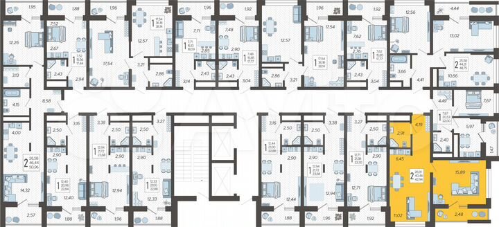 2-к. квартира, 42,9 м², 9/19 эт.