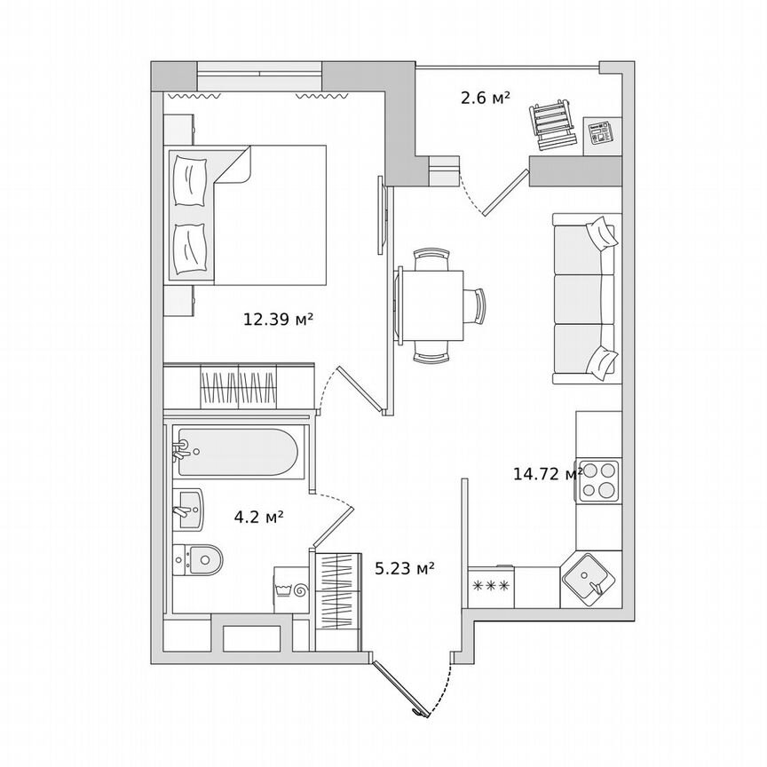 1-к. квартира, 42,8 м², 12/23 эт.