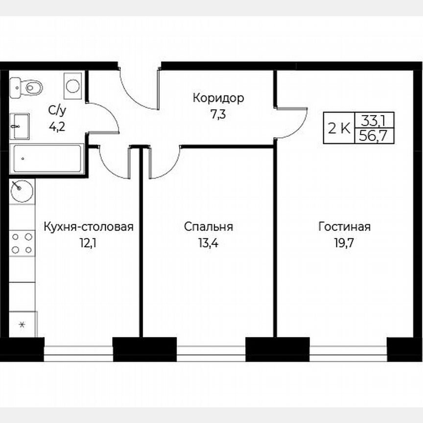 2-к. апартаменты, 56,7 м², 23/30 эт.