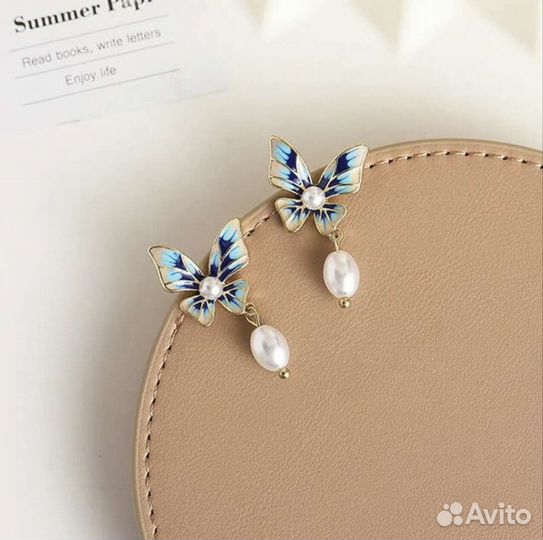 Серьги бабочки с жемчужиной