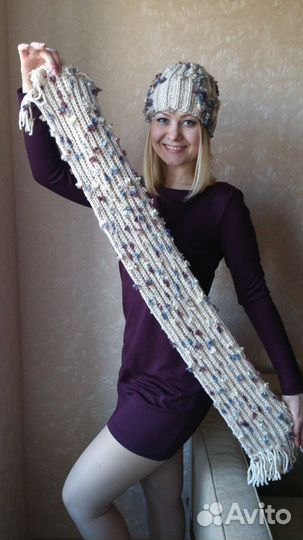 Шапка, шарф, варежки вязаные новые, ручная работа