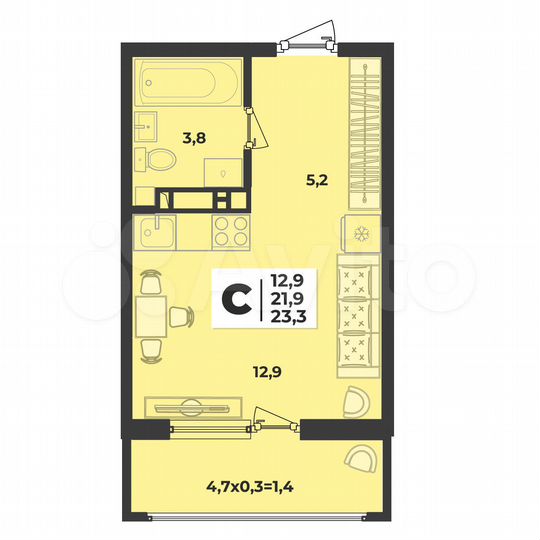 Квартира-студия, 23,3 м², 3/9 эт.