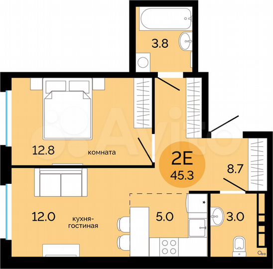 2-к. квартира, 45,3 м², 11/17 эт.