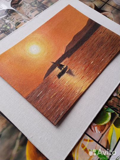 Картина маслом закат, морской закат,яхта на закате